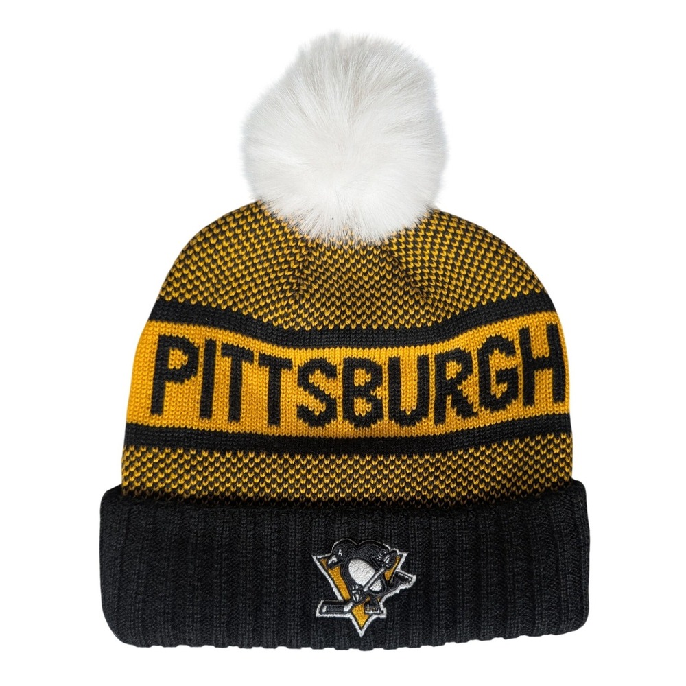 Fanatics NHL Pittsburgh Penguins Pom Beanie Hat Black Gold Cuffed Knit Hat